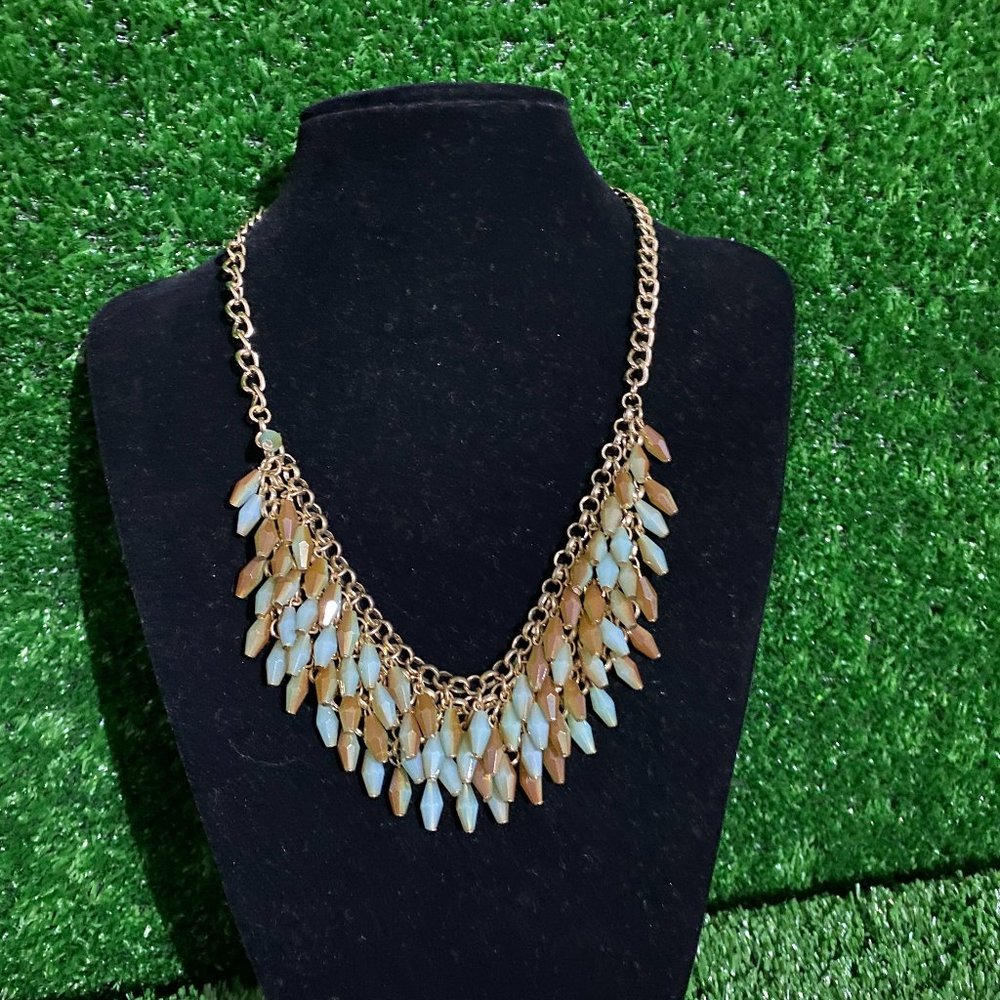Fringe Tassel Bib Necklace, Bronze, light Turquoise color